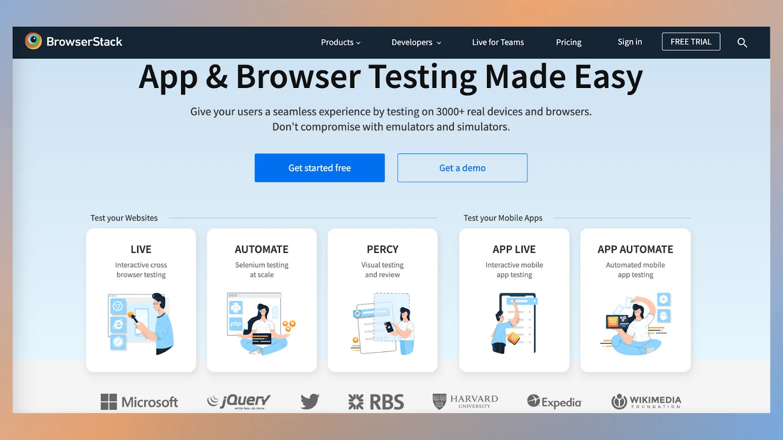 Home page of Browser Stack