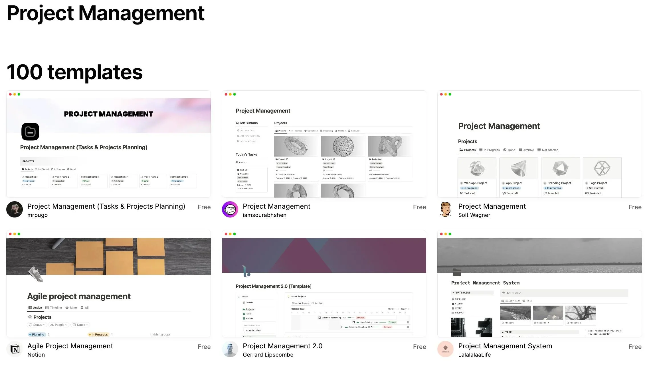Notion Project Management template page
